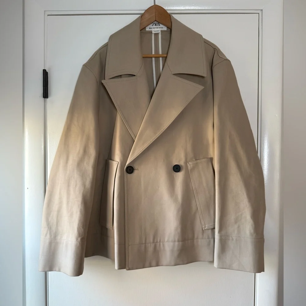 Zara Man Edition Short Trench Coat Jacket 100% Cotton Khaki Tan Medium - Picture 3 of 11